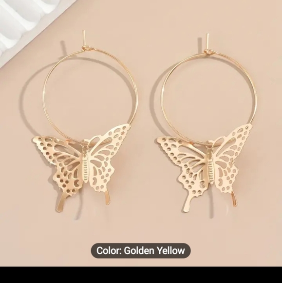 Golden hollow butterfly hoop earrings - Picture 2 of 4